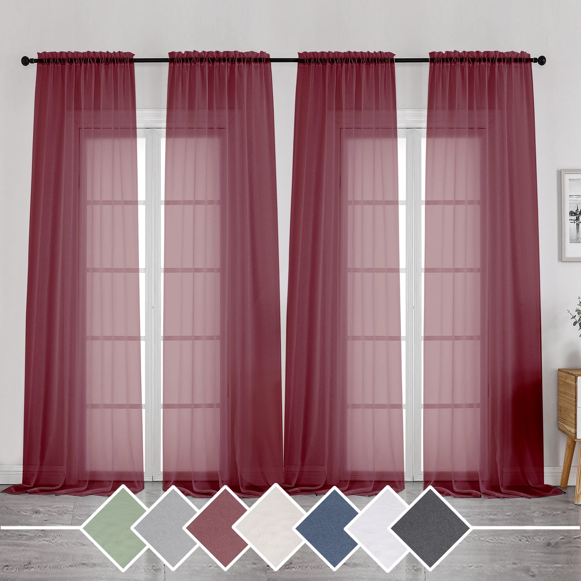 OVZME Sheer Curtains 108 Inches Long Set of 4, Window Treatments Rod Pocket Drapes for Living Room, Bedroom, Semi Sheer Voile Curtain Panels for Yard Patio Villa Parlor, 40"x108", Burgundy
