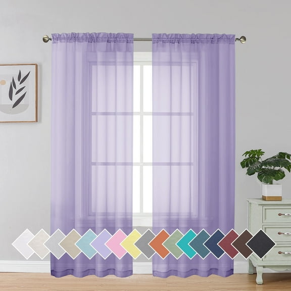OVZME Sheer Curtains 72 inch Length 2 Panels,Purple Short Window Curtain Drapes Semi Transparent Voile Rod Pocket Door Curtains for Nursery Kitchen Dining Bedroom Living Room,42W x 72L inch Lavender
