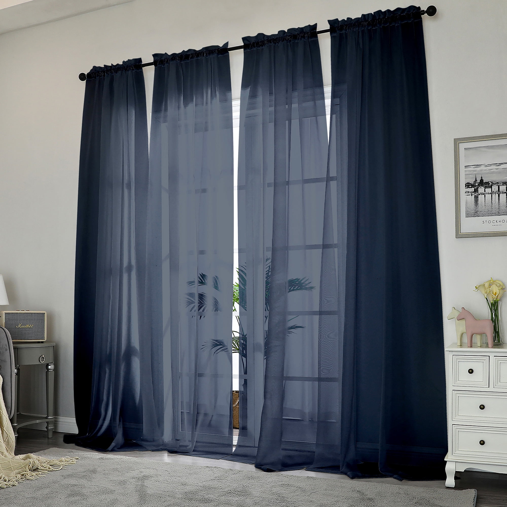 OVZME Sheer Curtains Casual Style Navy Blue 4 Panels - Walmart.com