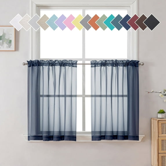 OVZME Sheer Kitchen Curtain Tiers 2 Pack, Light Filtering Small Curtains Short Bathroom Living Room Cafe Basement Voile Window Curtains, Top Rod Pocket, 42W x 24L Inches, Navy Blue