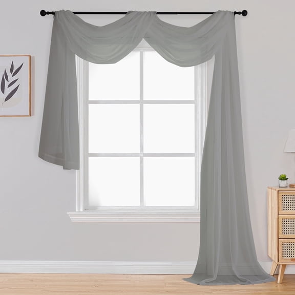 OVZME Sheer Scarf Curtains 216 incch Extra Long, Window Scarf Drapes Rod Pocket Backdrop for Wedding Arch Draping/Party/Canopy Bed/Living Room, 42"x216", 18 Feet Length, Charcoal Grey