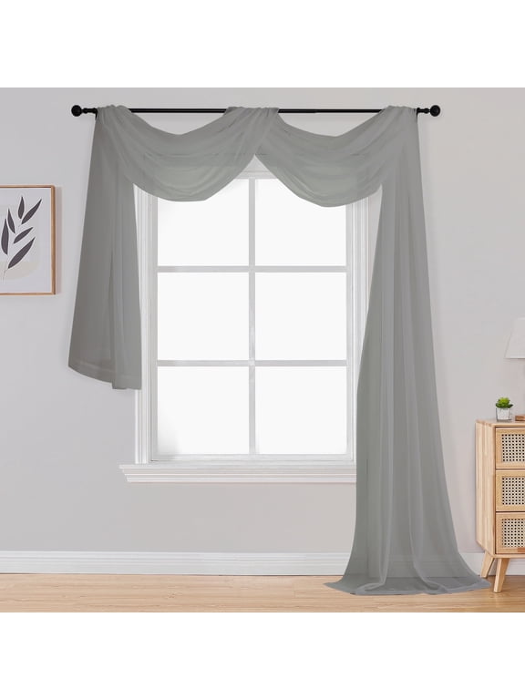 Sheer Scarf Curtains 216 incch Extra Long, Window Scarf Drapes Rod Pocket Backdrop for Wedding Arch Draping/Party/Canopy Bed/Living Room, 42"x216", 18 Feet Length, Charcoal Grey