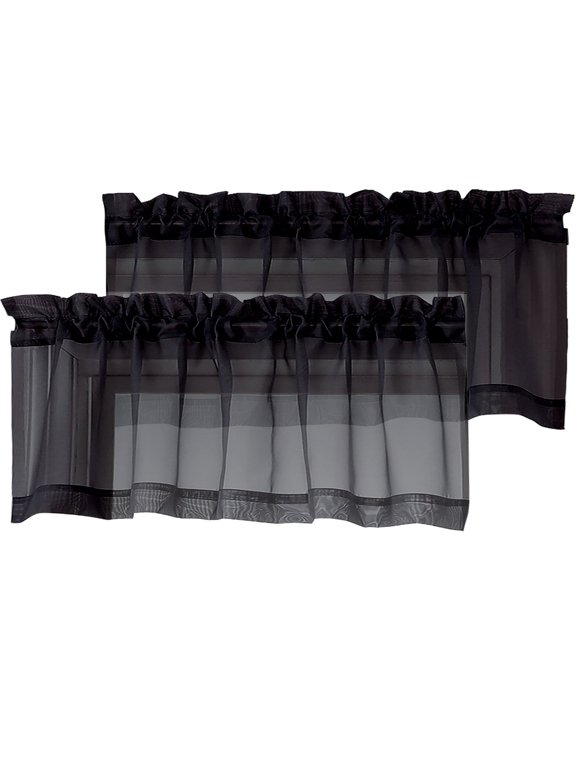 42x14 Black Sheer Curtains for Small Windows 2 Pack, 14" Short Cafe Valance for Kitchen Bathroom, Soft Voile Rod Pocket Topper Curtains, Each 42Wx14L