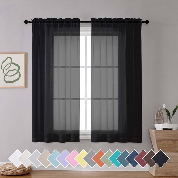 OVZME 42x63 Black Sheer Curtains 2 Pack, 63 Inch Long Curtain Drapes for Living Room Bedroom, Rod Pocket Soft Voile Sheers for Home Decor, Each 42"Wx63"L