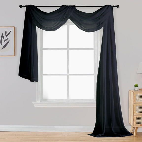 OVZME Sheer Window Curtain Scarf Valance 42x216, Home Event Designs Extra Long Scarves, Elegant Solid Decorative Topper Wedding Valance Curtain for Living Room Bedroom Ceremony, 1pc, Black