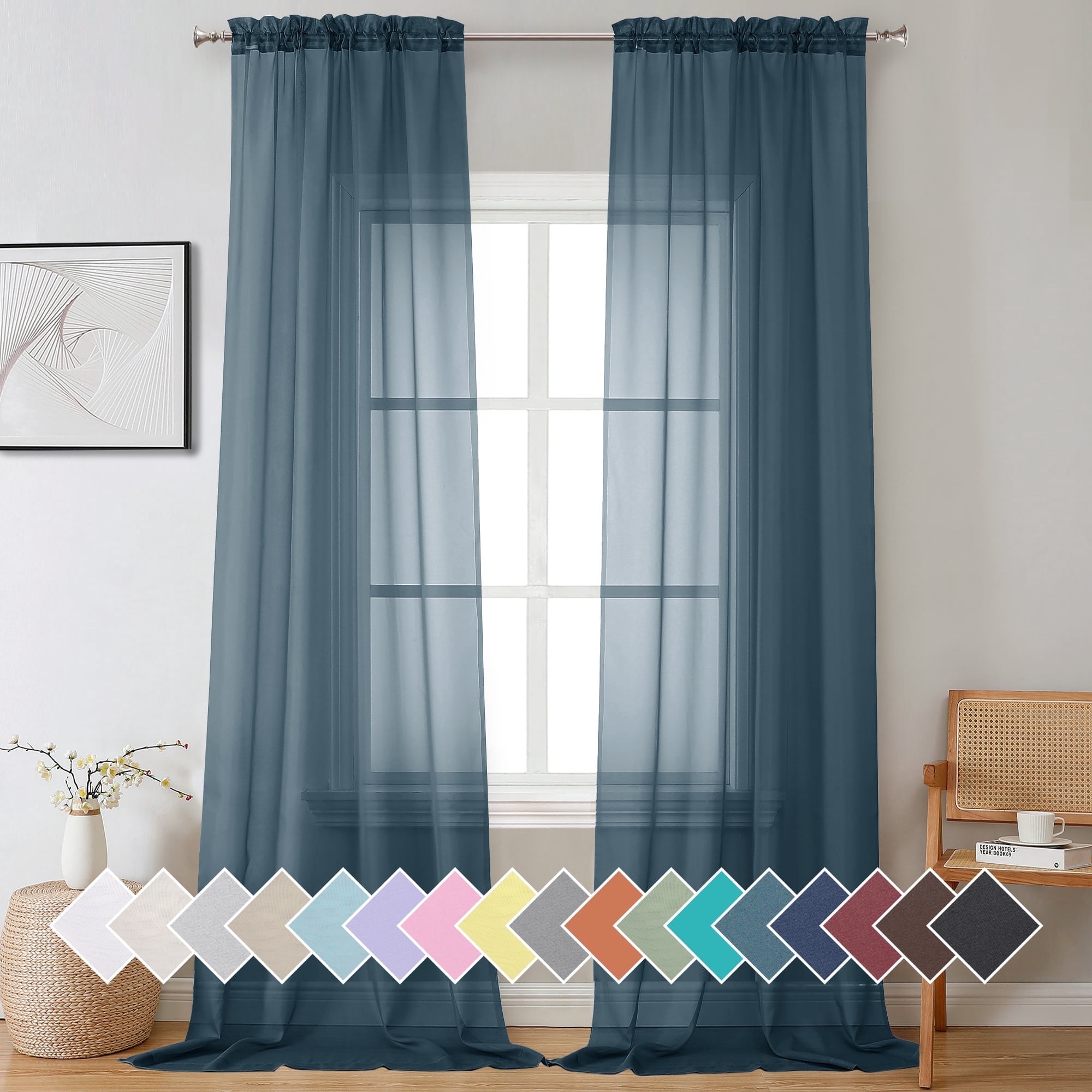 OVZME, Sheer Window Curtains, 108" Length 2 Panels, Dusty Blue