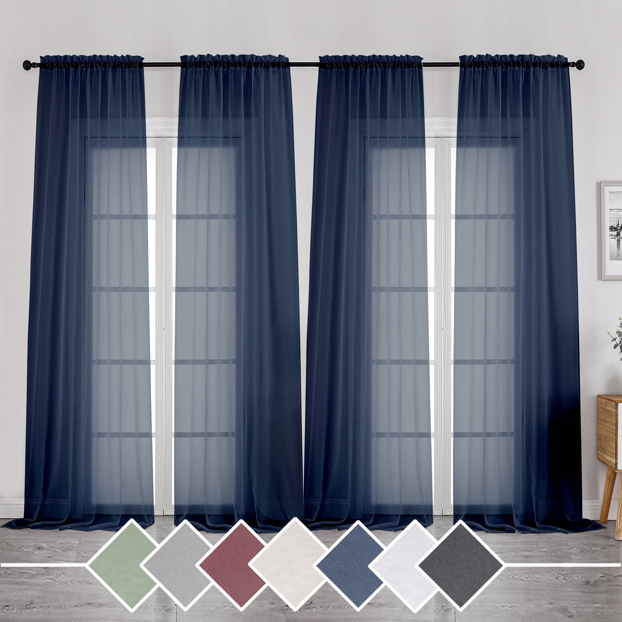 OVZME Navy Blue Sheer Curtains 108" Length, 4 Panel Set, Rod Pocket