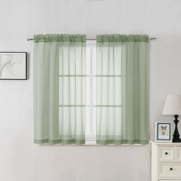 OVZME Sheer Window Curtains 45 Inch Long 2 Panels,Light Filtering Short Voile Drapes for Kitchen Dinning Small Windows Kids Room Bathroom Living Room Bedroom Dual Rod Pocket,42Wx45L Inches Sage Green
