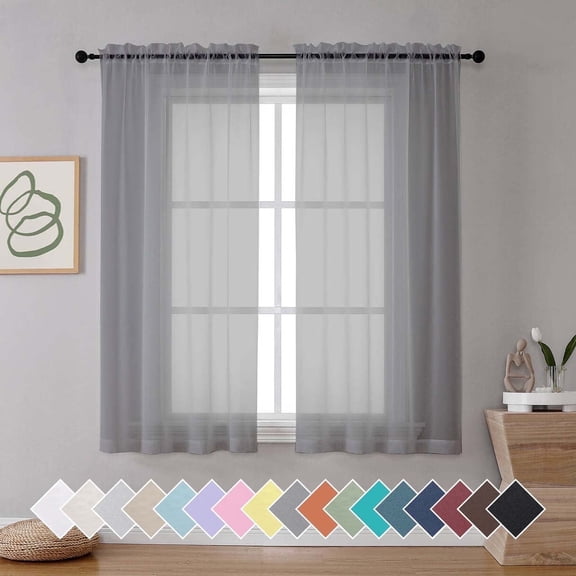 OVZME 42x63 Grey Sheer Curtains 2 Pack, 63 Inch Long Curtain Drapes for Living Room Bedroom, Rod Pocket Soft Voile Sheers for Home Decor, Each 42"Wx63"L