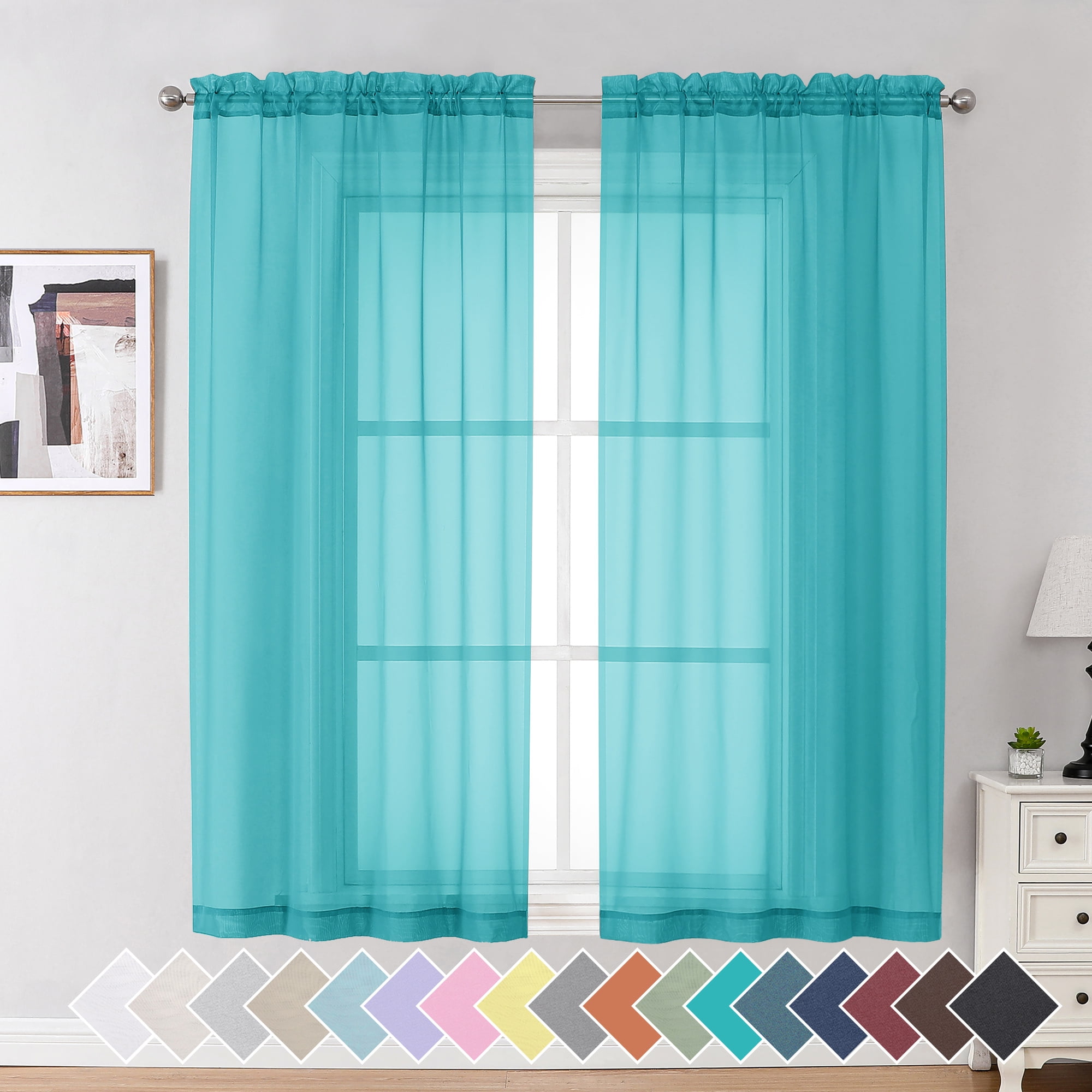 OVZME 63inch Turquoise Sheer Curtains, 2Piece, Light Filtering, Room