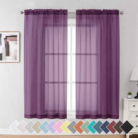OVZME Sheer Window Curtains 63 inch Long 2 Pieces, Short Semi Sheer Rod Pockets Light Filtering Curtain Drapes Window Treatment for Living Room/ Kid Room/Bedroom/Christmas Decor, 42"W, Plum
