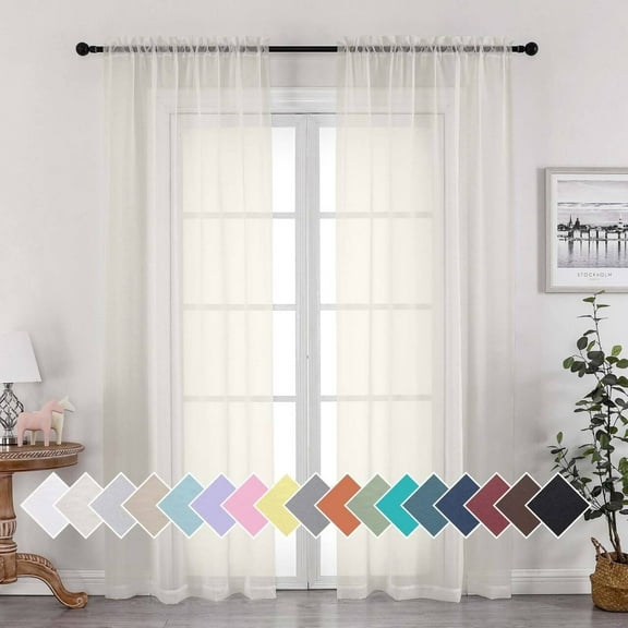 OVZME Sheer Window Curtains 84 inch Long 2 Pcs Set, Rod Pocket Top Solid Voile Panels Drapery for Bedroom/ Guest Room/ Patio Door/Wedding/Backdrop /Living Room (Each W42xL84 inch, Ivory, 7FT L)