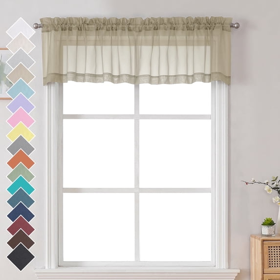 OVZME 42x14 Taupe Sheer Curtains for Small Windows 2 Pack, 14" Short Cafe Valance for Kitchen Bathroom, Soft Voile Rod Pocket Topper Curtains, Each 42Wx14L