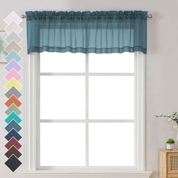 OVZME Sheer Window Valance Curtains, Light Filtering Kitchen Valances Windows Treatment Small Rod Pockets Voile Sheer Curtains for Living Room/Bathroom/Basement, 2 Panels Set, 42 x 14 Inch Dusty Blue