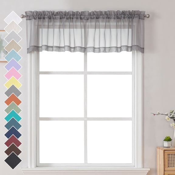 OVZME 42x14 Grey Sheer Curtains for Small Windows 2 Pack, 14" Short Cafe Valance for Kitchen Bathroom, Soft Voile Rod Pocket Topper Curtains, Each 42Wx14L