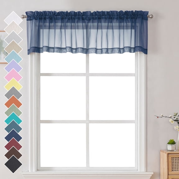OVZME 42x14 Navy Blue Sheer Curtains for Small Windows 2 Pack, 14" Short Cafe Valance for Kitchen Bathroom, Soft Voile Rod Pocket Topper Curtains, Each 42Wx14L