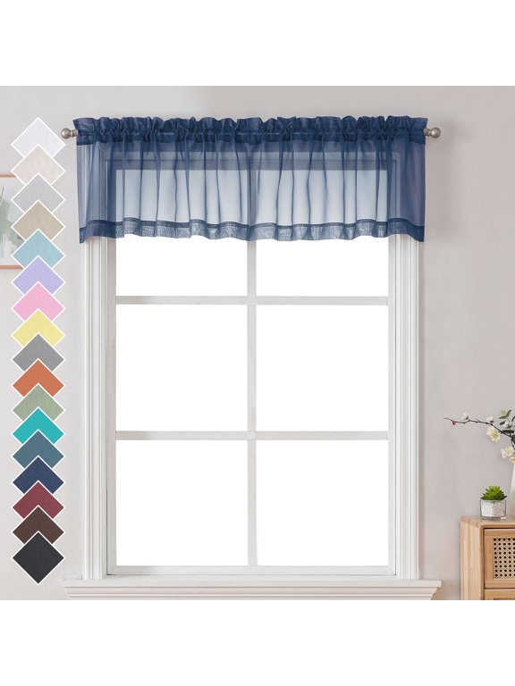 42x14 Navy Blue Sheer Curtains for Small Windows 2 Pack, 14" Short Cafe Valance for Kitchen Bathroom, Soft Voile Rod Pocket Topper Curtains, Each 42Wx14L