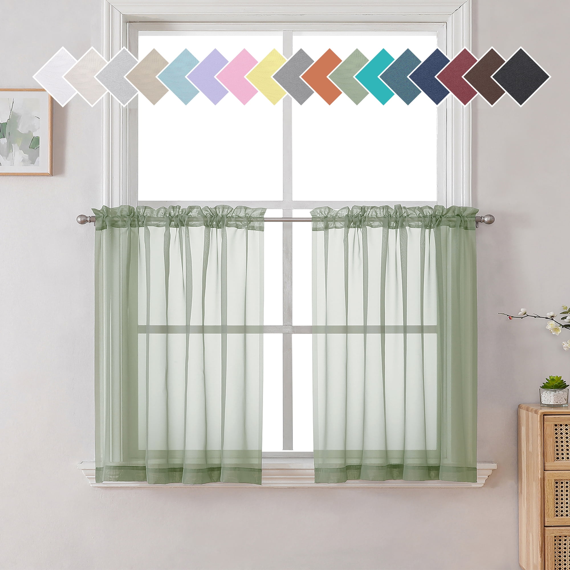 OVZME Short Sheer Kitchen Curtains 2 Pieces, Light Filtering Small Window Curtains Treatment for Bat(图1)