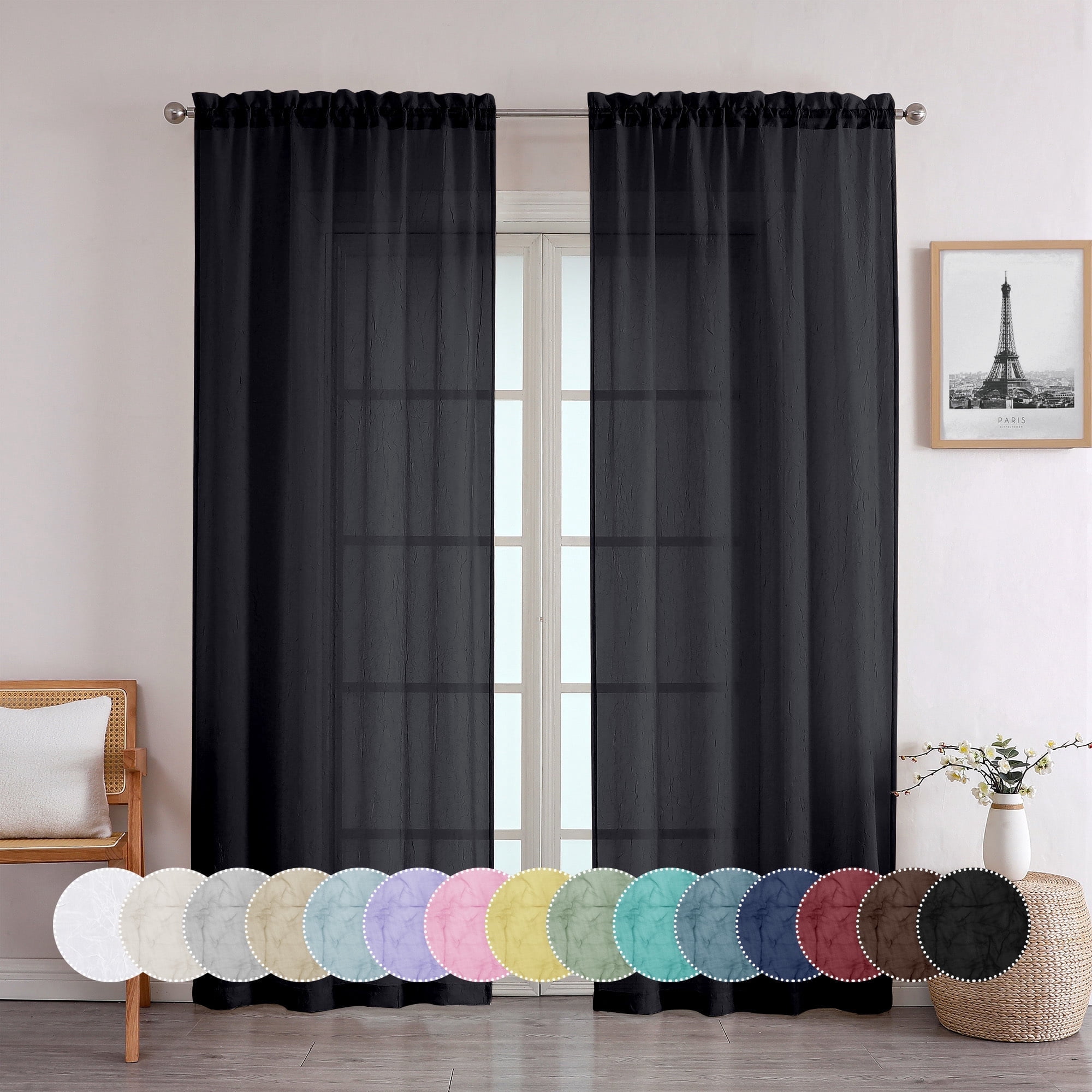 OVZME Black Crushed Sheer Curtains 84 inches Long 2 Panels for Bedroom Living Room, Lightweight Airy Textured Semi Sheer Drapes, Balance Light and Protect Privacy Farmhouse Decor,42Wx84L inch, Black