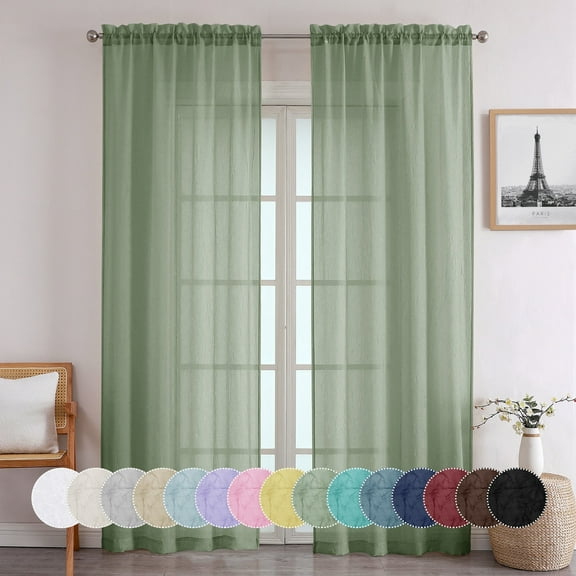 OVZME Sage Green Crushed Sheer Curtains 96 Inch Long 2 Panels Set, Top Rod Pocket Soft Lightweight Fabric Window Treatments Balance Light & Protect Privacy Living Room Decorations, 42Wx96L Sage Green