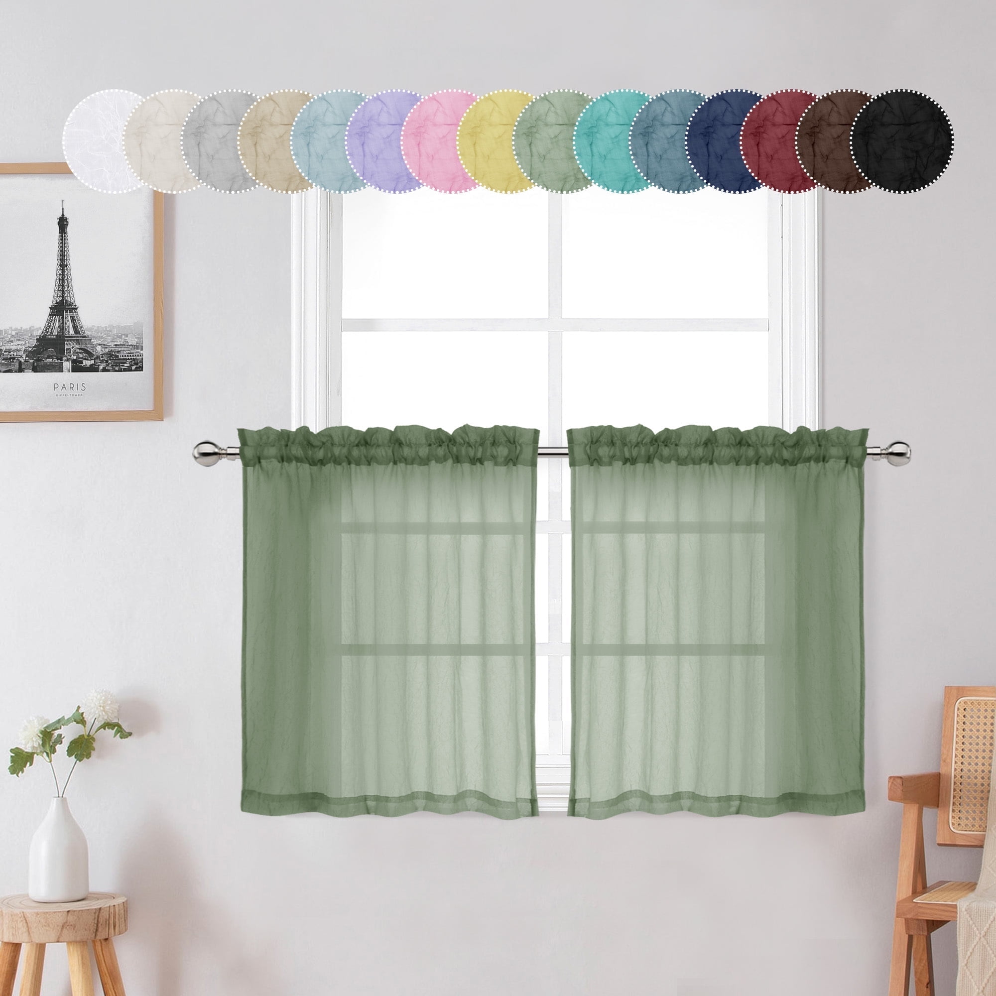 OVZME 2 Panels Sage Green Sheer Kitchen Tiers 24 Inches Long, Light Filtering Textured Crush Voile for Bathroom Living Room Cafe Basement, 42W x 24L inch Sage