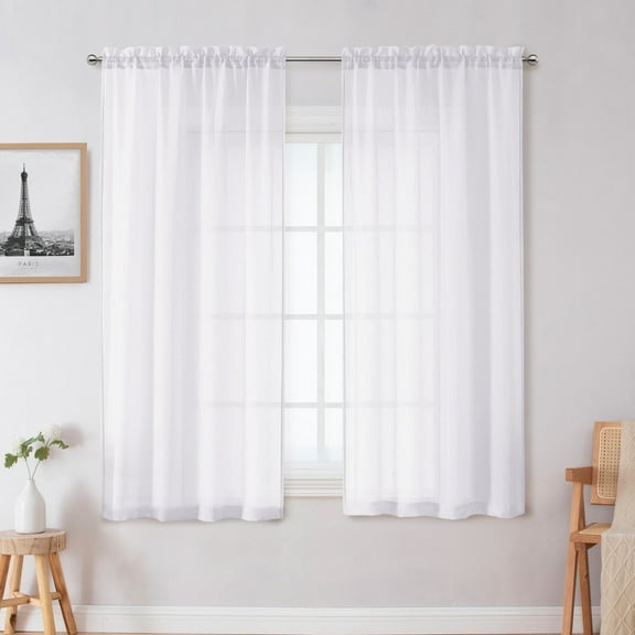 OVZME Troy Crushed White Sheer Curtains 63 Inch Length 2 Panels Set, Top Rod Pocket Light Filtering Airy Elegant Textured Window Curtain Treatment Drapes for Kitchen Bedroom Living, Each 42x63
