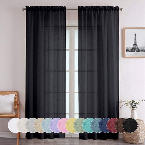 OVZME Black Sheer Curtains 96 inches 2 Set, Crushed Airy Privacy Solid Curtains for Living Room, Lightweight Soft Texture Semi Sheer Drapes for Nursery/Bedroom, Black 42Wx96L inch