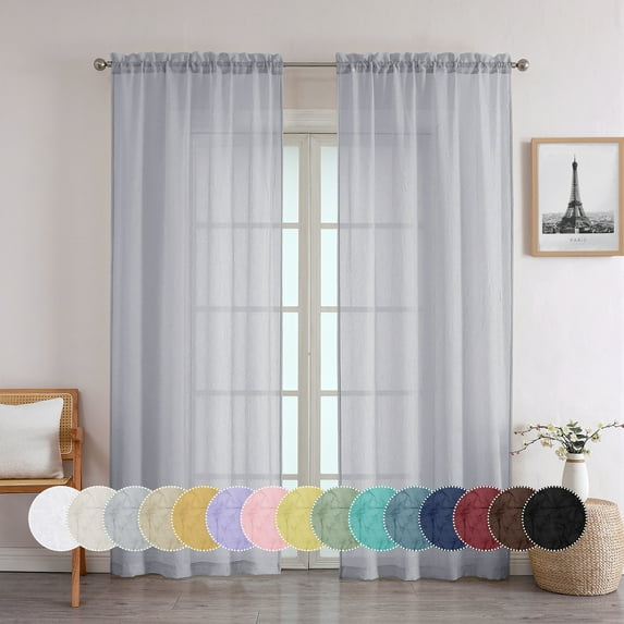 OVZME Troy Light Grey Crushed Sheer Curtains Drapes for Living Room 84 inch length 2 Panels, Privacy Solid Texture Cortinas Para Habitacion with Dual Rod Pocket Window Treatments, 42Wx84L
