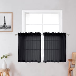 OVZME Black Sheer Kitchen Curtain Tiers 24 Inches Long, Light Filtering Textured Crushed Solid Short Curtains for Living Room Bathroom Cafe Tiers, 42W x 24L Black
