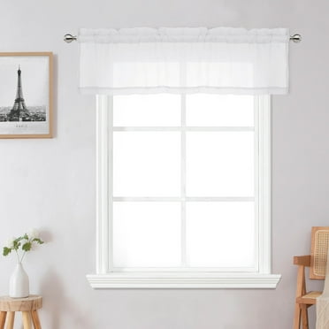OVZME Troy White Crushed Sheer Kitchen Curtains 14 inch Length 2 Panels,Solid Farmhouse Valance with Rod Pocket Elegant Soft Privacy Textured Semi Window Treatments for Living Room,42Wx14L inch