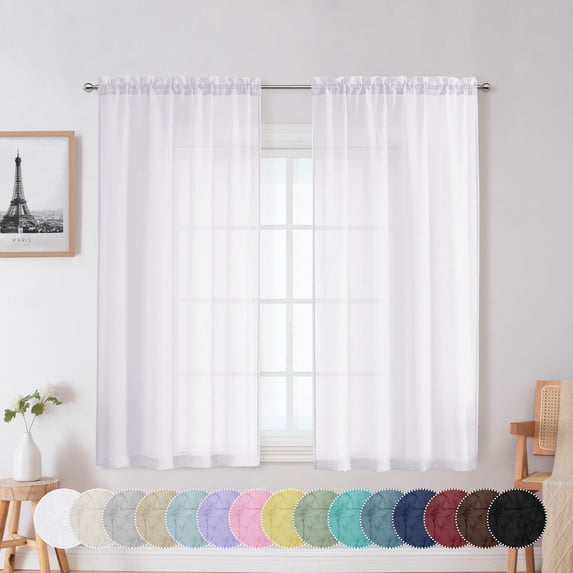 OVZME Troy White Sheer Curtains 54 inch Long 2 Panles,Soft lithe Crushed Kitchen Window Curtains with Rod Pocket Light Filtering Short Windows Curtains for Nursery Bedroom Living Room,42Wx54L inch