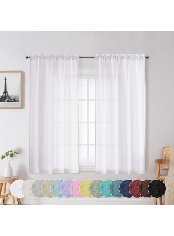 OVZME Troy White Sheer Curtains 54 inch Long 2 Panles,Soft lithe Crushed Kitchen Window Curtains with Rod Pocket Light Filtering Short Windows Curtains for Nursery Bedroom Living Room,42Wx54L inch