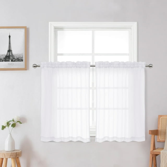 OVZME Troy White Sheer Kitchen Curtains, Light Weight, 36 inches Long