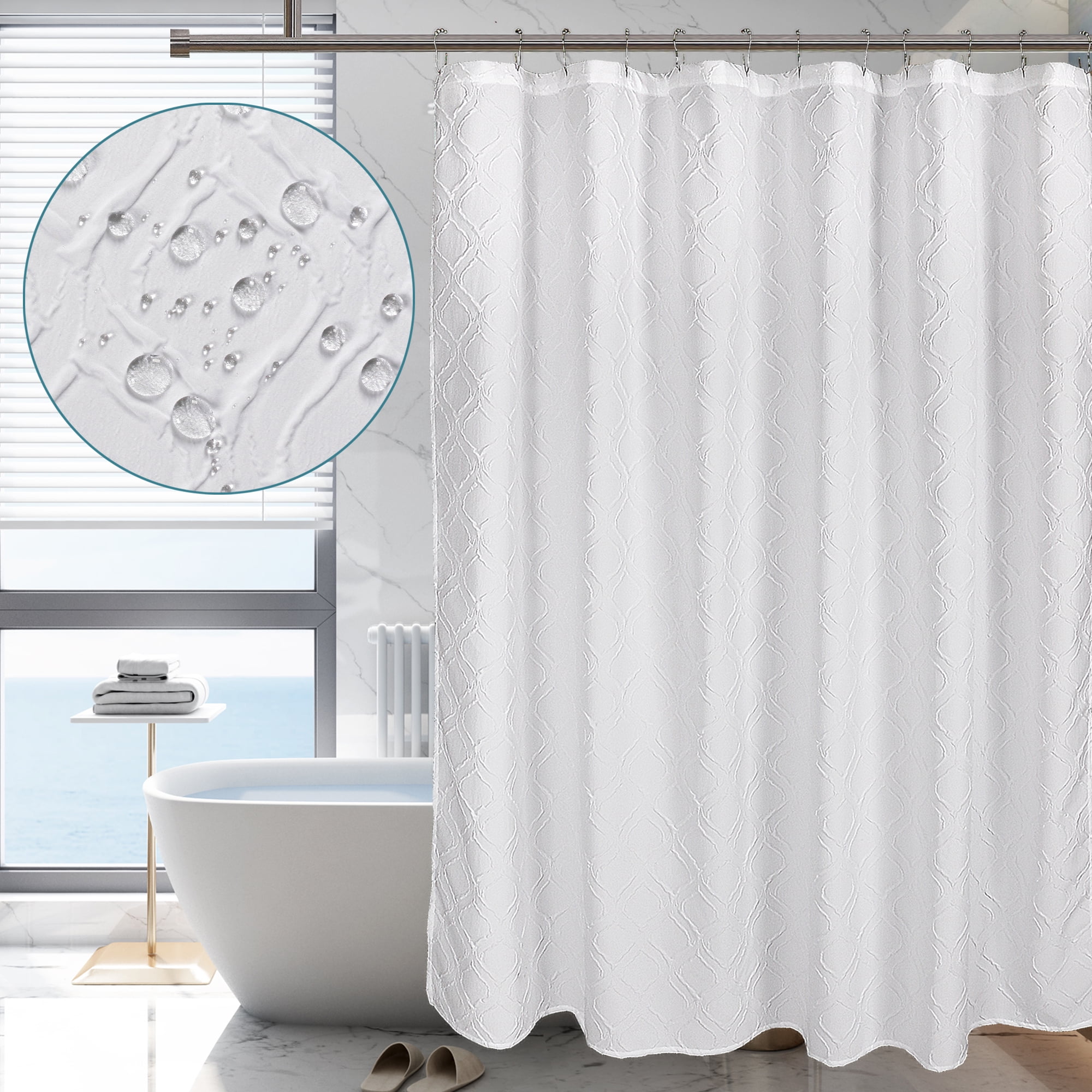 Ovzme White Boho Shower Curtain 72 Inches Length Embossed Water Repellent Geometric Textured Soft Fabric Curtains For Bathroom Hotel Decor Embossment Bath X72 Com