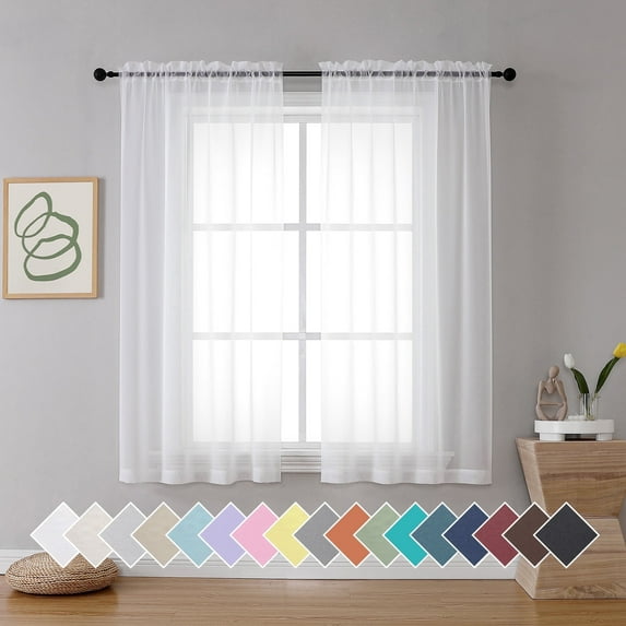 OVZME White Sheer Curtain Panel Pair 63 inch Length, Light Filtering Window Curtain Drapes Treatment for Kitchen, Bedroom Living and Children Room, Voile Top Dual Rod Pocket, 2 Pack of 42" x 63"