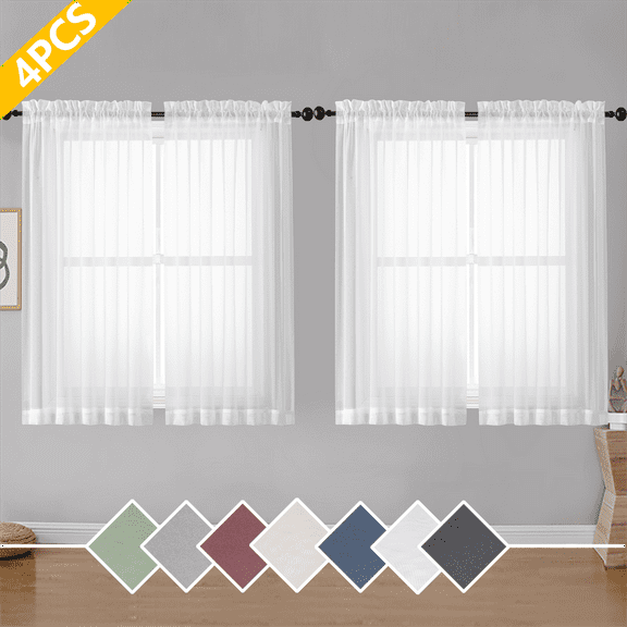 OVZME White Sheer Curtains 4 Panels, Short Voile Drapes for Kitchen Dinning Small Windows Kids Room Bathroom Living Room Bedroom, Rod Pocket, Total 2 Pairs 160" Width, Each 40W x 54L Inches