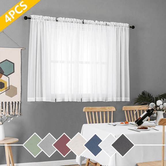 OVZME White Sheer Curtains 4Panels, Short Voile Drapes for Kitchen Dinning Small Windows Kids Room Bathroom Living Room Bedroom, Rod Pocket, 2 Pairs 4 Panels, Each 40 W x 45 L