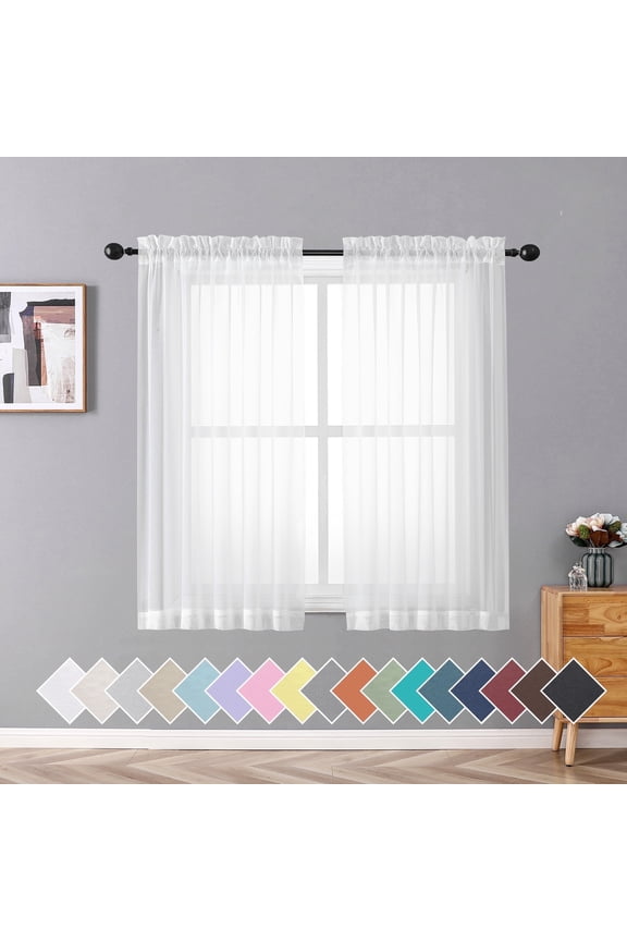 White Sheer Curtains 54 inch Long 2 Panels, Short Voile Drapes for Kitchen Dinning Small Windows Kids Room Bathroom Living Room Bedroom, Rod Pocket, 42x54 inches, Total 84 inches Width