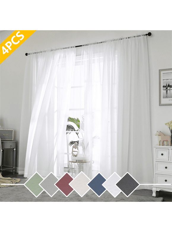 OVZME White Sheer Curtains 84 Inch Length 4 Panels, Semi Transparent Voile Rod Pocket Sheer Window Drapes for Bedroom Bed Canopy Living Room Dining Wedding Party Backdrop, 4 Pack of 40W x 84L inch