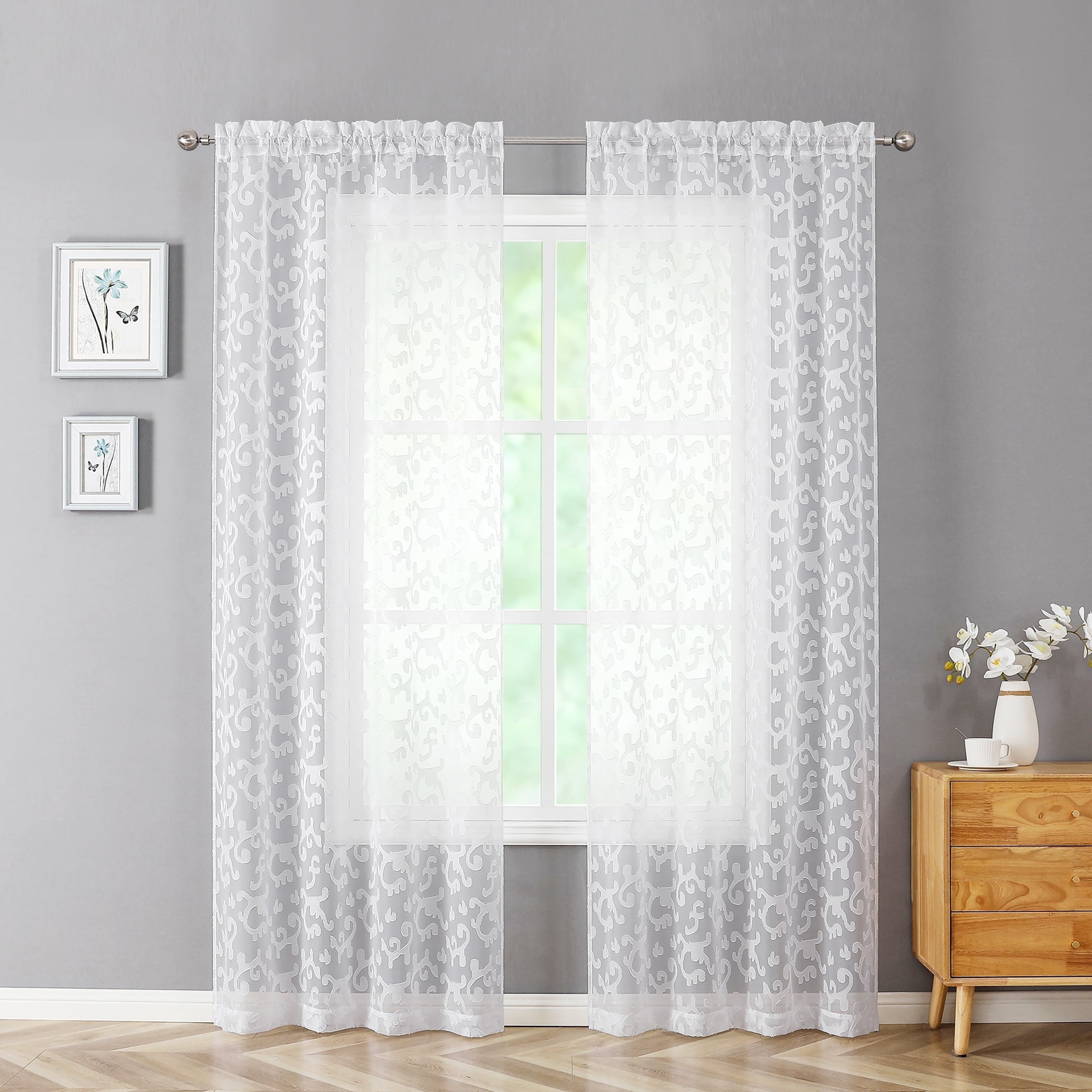 OVZME White Sheer Curtains 84 Inches Long 2 Panels Set, Jacquard ...