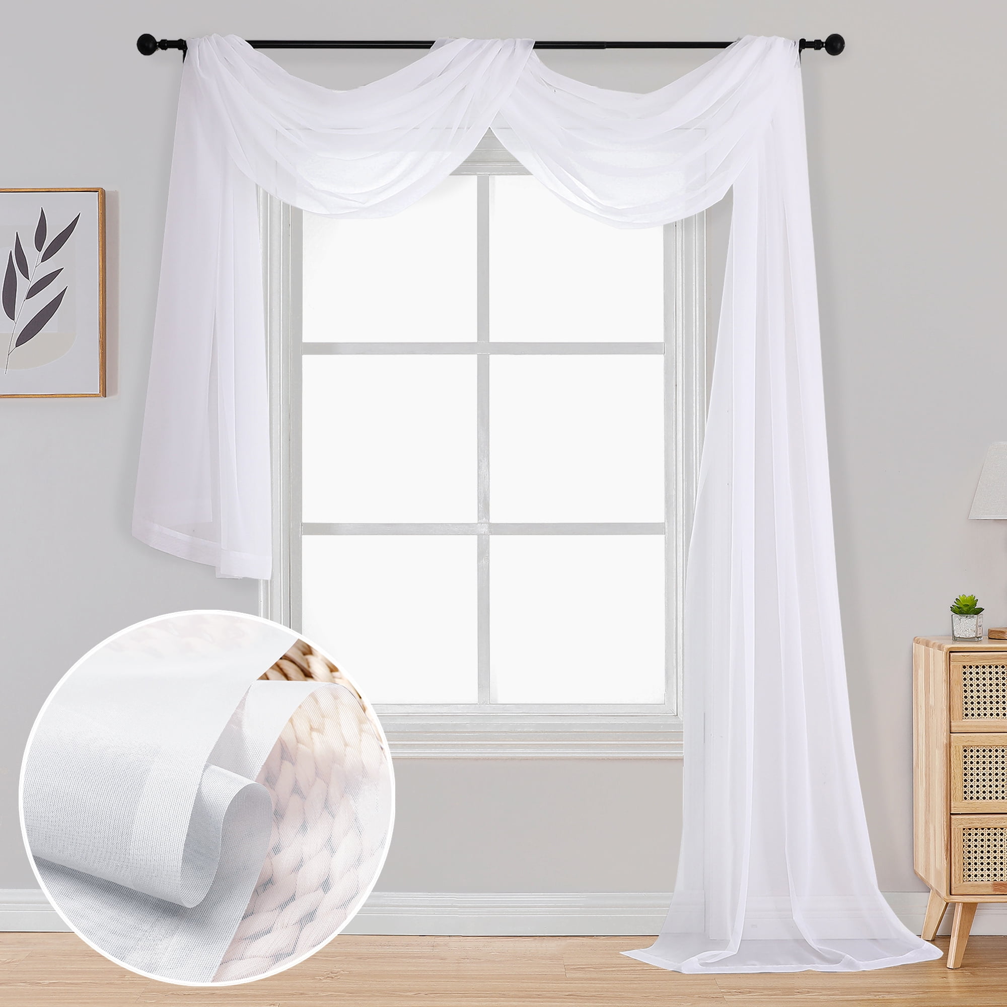 OVZME White Sheer Scarf Valances for Windows 216 inch Extra Long