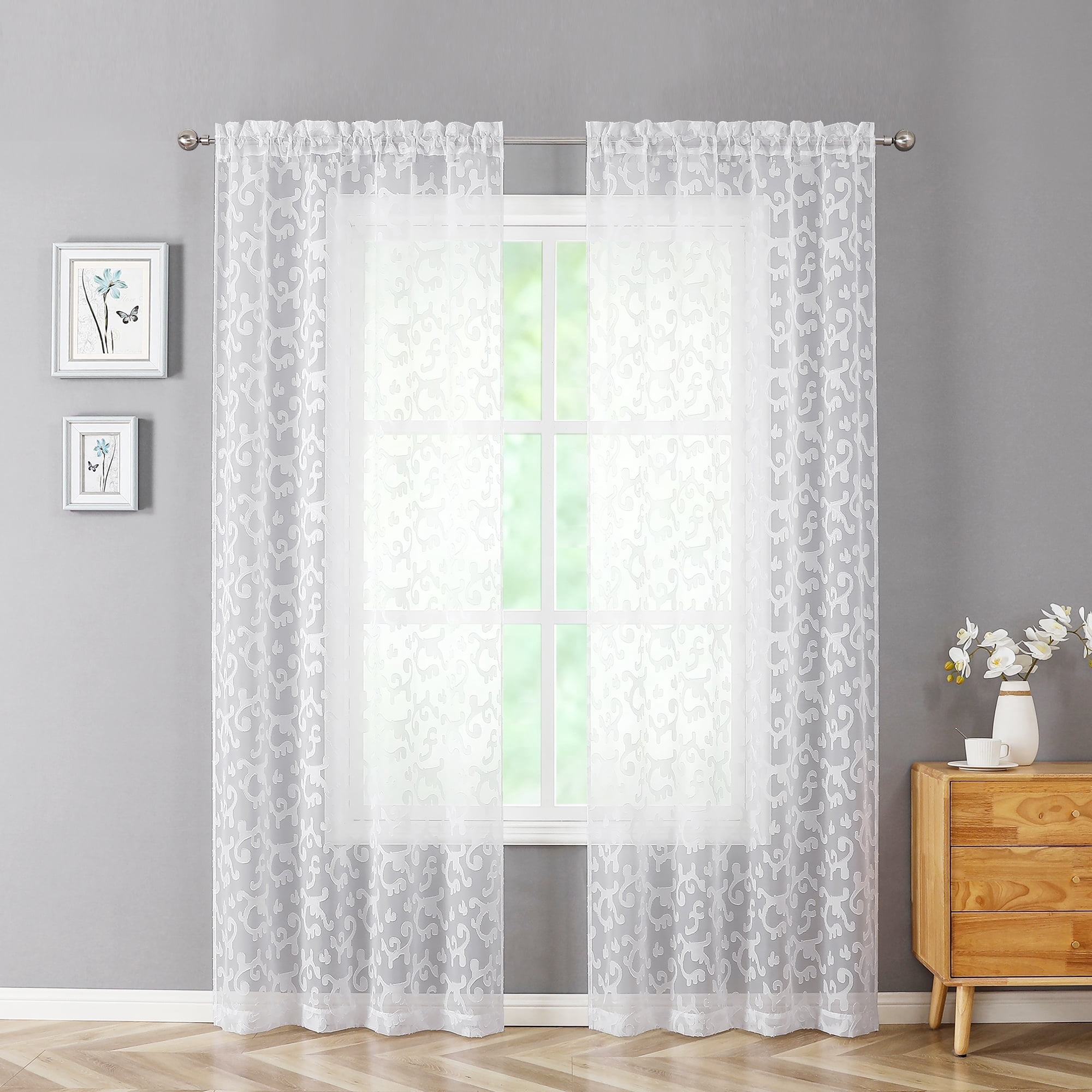 OVZME White Textured Sheer Curtains 84 Inches Long 2 Panels Set, Jacquard Rod Pocket Farmhouse Window Treatments Curtains for Nursery Patio Yard Cortinas Hermosas Para Living Room, Each 42 x 84 Inch