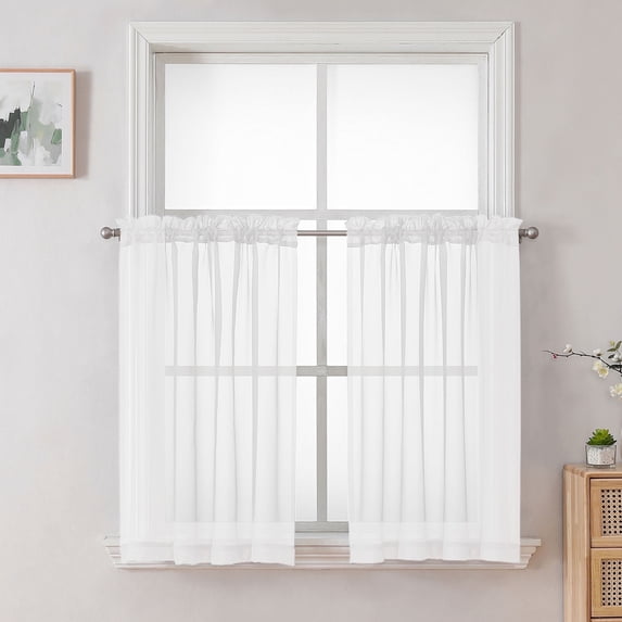 OVZME 42x36 White Sheer Curtains 2 Pack, 36 Inch Long Short Cafe Curtain Tiers for Kitchen Laundry Small Windows, Each 42Wx36L