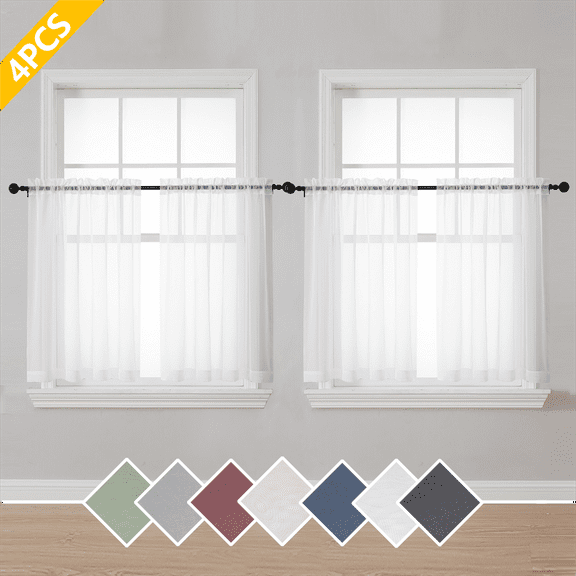 OVZME White Window Sheer Curtain Tiers 36in Length Set of 4, Short Voile Curtians for Small Window Bathroom Cafe Living Room Farmhouse, 4PCS, 40W x 36L inches, White