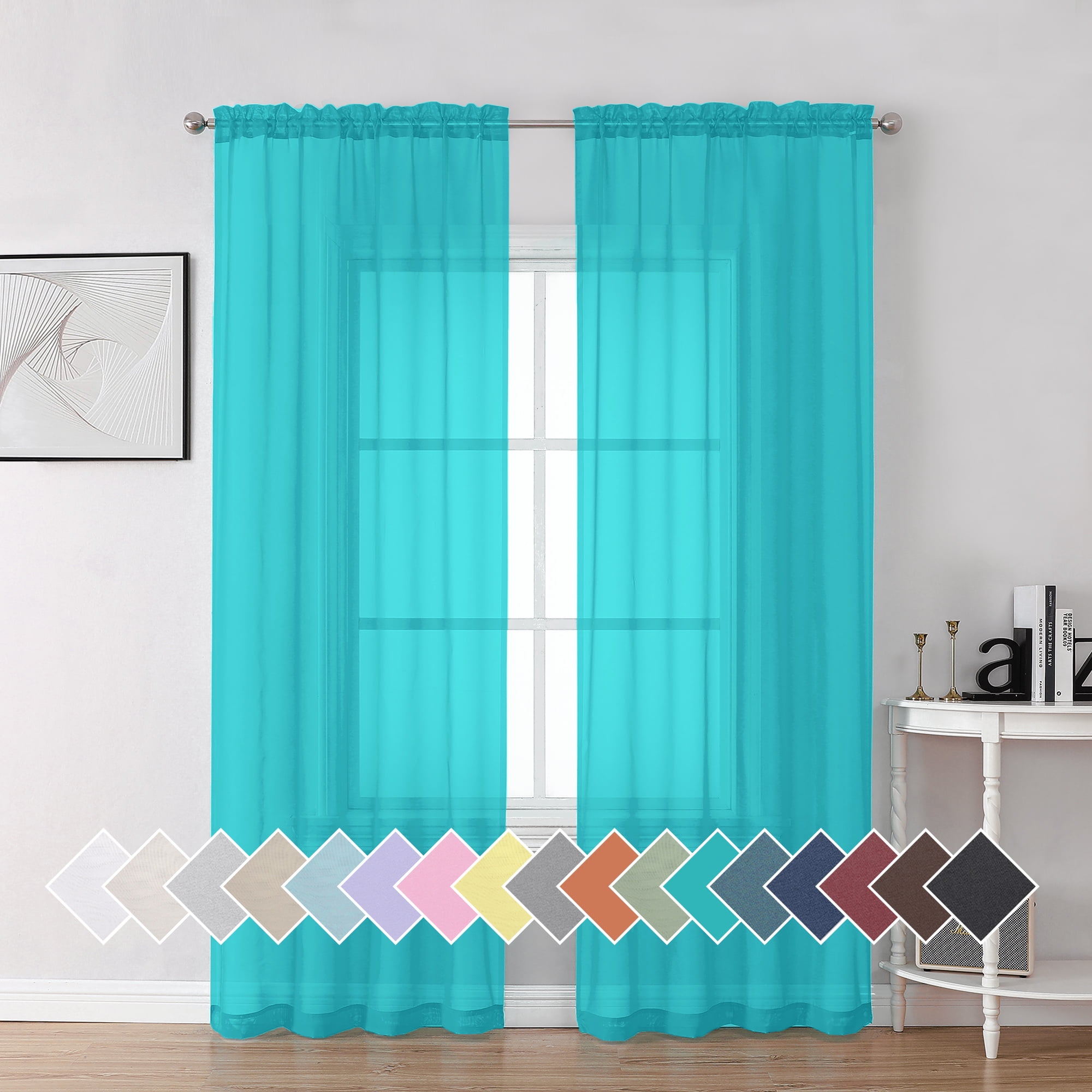 OVZME Window Sheer Curtain 84 inch Lengh 2 Panels Turquoise Curtains for Living Room Privacy Semi Sh(图1)