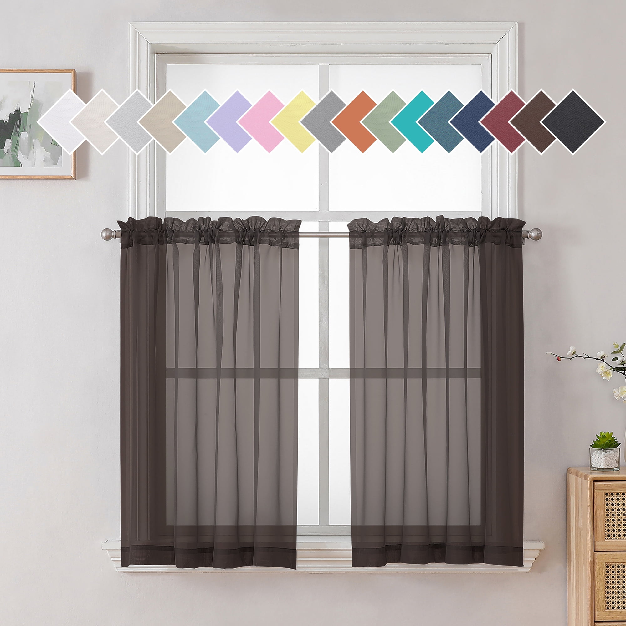 OVZME Window Sheer Curtain Tiers 36 Inch Length Set of 2, Dual Rod Pocket Short Chocolate Voile ...