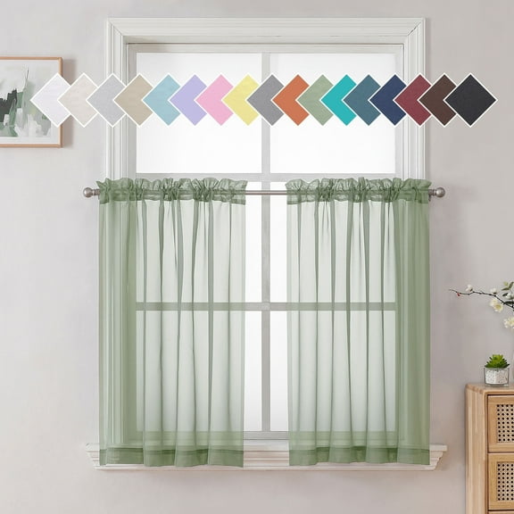 OVZME Window Sheer Curtains 36 Inch Length, Top Dual Rod Pocket Short Voile Sheer Window Curtians for Small Window Bathroom Cafe Living Room Farmhouse, 2PCS, 42W x 36L inches, Sage Green
