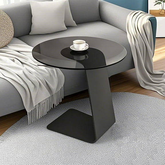 OVZXSD C Shaped End Table, Black Metal Frame Sofa Side Table, Round Tempered Glass Tabletop Couch Desk, Snack Table Suitable for Living Room, Bedroom, Bedside, Small Space(50 * 65cm)