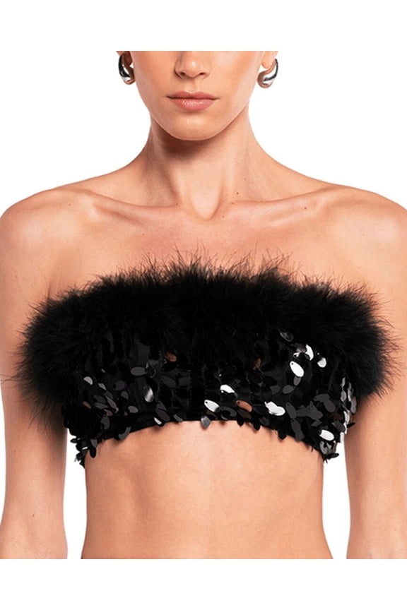 womens Virgo Sequin Feather Top, m, Black