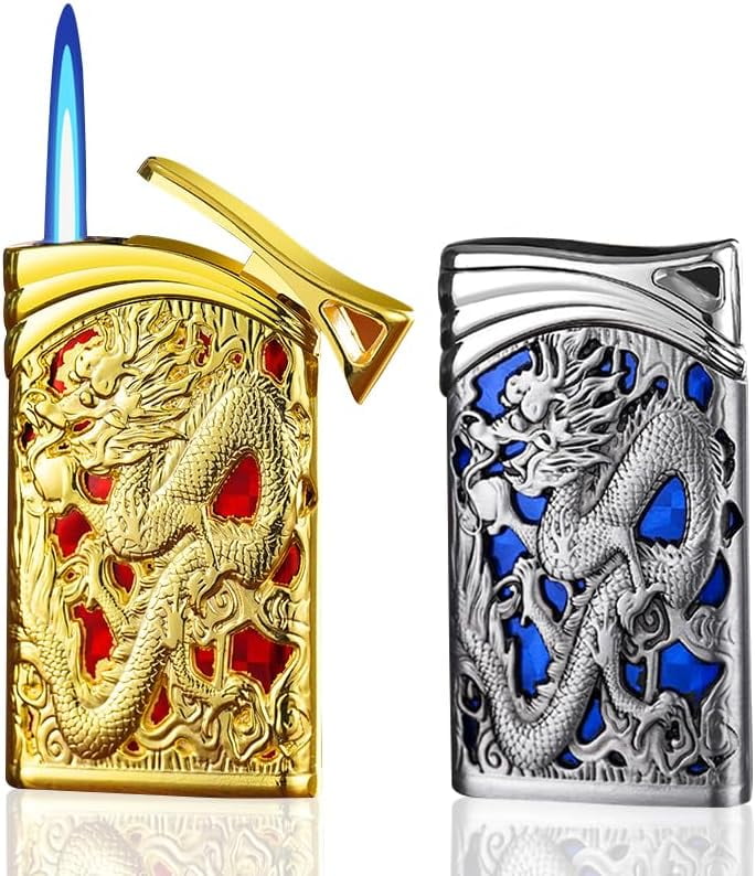 OWASDIE 2 Pack Gold Blue Dragon and Phoenix Butane Lighter, Fun Torch